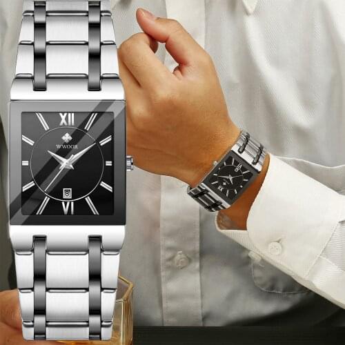 Mens Square Watches WWOOR Waterproof Quartz Clock Luxury Stainless Steel Geneva Watch with Date Men WristWatch Relogio Masculino
