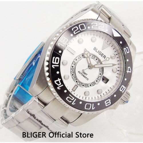 Solid 43MM BLIGER White Dial Black Ceramic Bezel GMT Indicator Luminous Marks Sapphire Crystal Automatic Movement Mens Watch