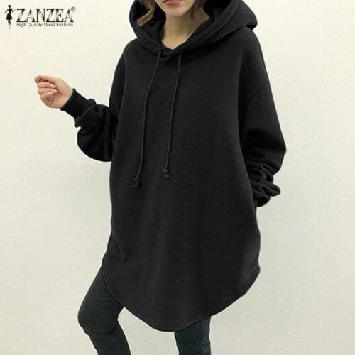 2021 Autumn Solid Loose Sweatshirt Womens Fashion Hooded Hoodies ZANZEA Casual Long Sleeve Sweatshirt Lady Stylish Oversize Tops