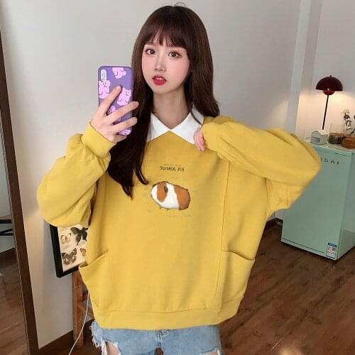 Casual Pullover Cute Guinea Pig Printed Pullover Sweatshirt Cotton Aesthetic Harajuku Graphic Hoodie Chic Streetwear Pink Tops