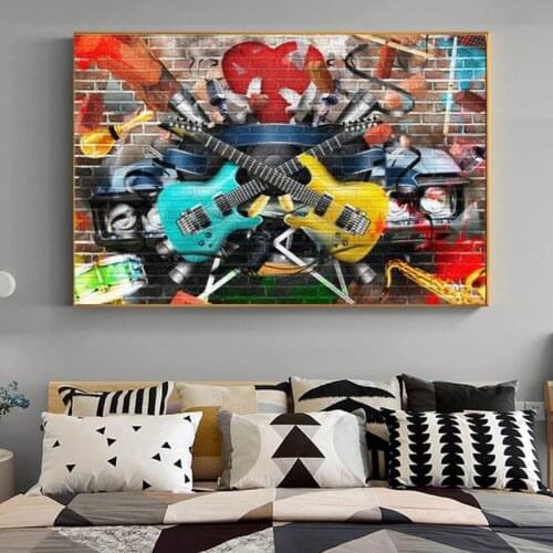 Retro Car Gitars Collage of Music Drums Musical Graffiti Art Canvas Painting Posters and Print Wall Art Picture for Living Room