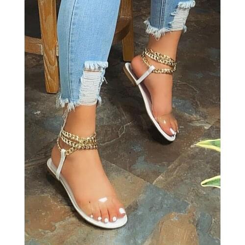 Summer Women Crystal Chain Sandals Flat Sandals Fashion Solid Color Chain Open Toe Outdoor Womens Shoes Plus Size