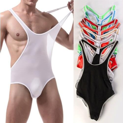 Sexy Men Bodysuits Jockstrap Ultra-thin Ice Silk Transparent Jumpsuit Wrestling Singlet Gay Underwear Lingerie Erotic Undershirt