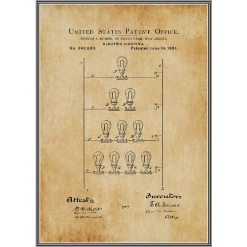 Vintage patent art prints 4 in 1 on Nikola Tesla coil turbine lamp tower patent kraft paper style unframed/ Edison lamp posters