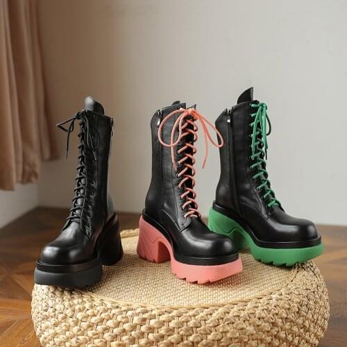 SKLFGXZY Thick Sole Genuine Leather Chelsea Boots Women Chunky High Heel Ankle Ladies Motorcycle Boots Runway Platform Shoes