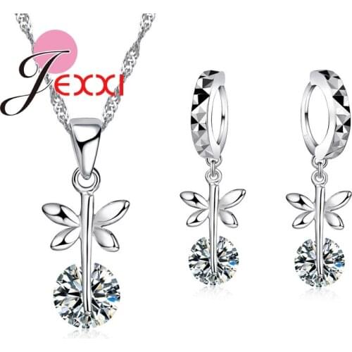 New Arrival 925 Sterling Silver Cubic Zirconia Tiny Flower Necklace Earrings Collar Jewelry Sets for Women Girls