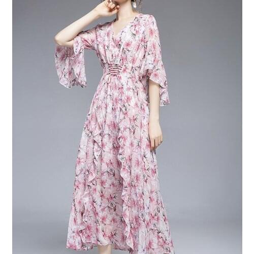 Womens spring summer flare sleeve flower print chiffon dress female runway fashion high waist plus size long dress TB910
