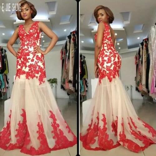 E JUE SHUNG White and Red Lace Mermaid Wedding Gowns With Appliques V Neck Backless Bride Wedding Dresses Vestido De Novia