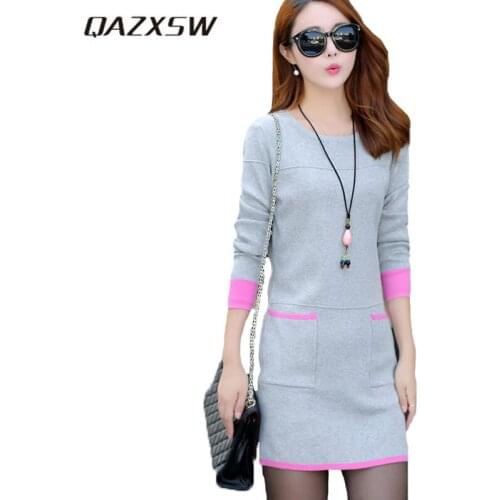 QAZXSW Spring Autumn Women Solid Knitted Sweater Dress Full Sleeve Pockets Mini Dress O-Neck Empire Vestido Dress YX194