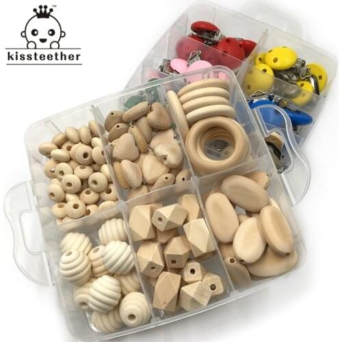 2 Box Wooden Teether Blending Wood Hearts Beads Wood Ring Teether Baby Pacifier Clip Baby Teether Toys Pacifier Chain