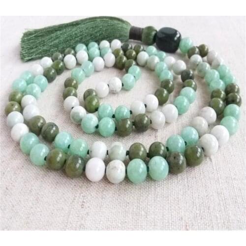 8mm aquamarine Gemstone 108 beads Mala tassel necklace Japa Chakra Retro Classic Meditation Tibetan Prayer Yoga