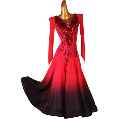 Ballroom Dance Competition Dress Long Sleeve Sequin Fringe Clothes Waltz Skirt Modern National Standard Dance Clothes DQL5379