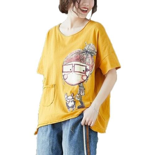 NYFS Women Neck Short Sleeve Tee T-Shirts Cartoon print Cotton Tops Vintage Loose Blusas Camisa Mujer