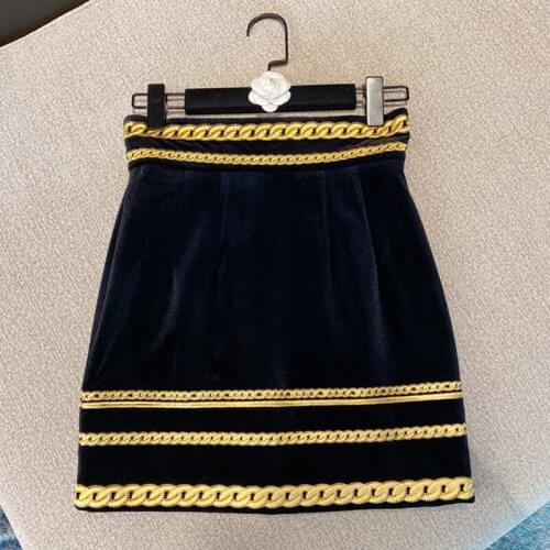 New Elegant Lady Gold Line Embroidery Edge Skirt Womens High Waist Slim A- Line Gold Velvet Skirts