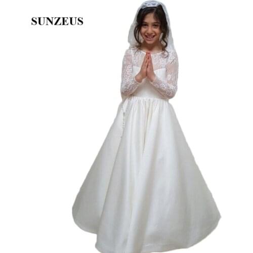 Satin Flower Girls Dresses with Sleeves A-Line Gorgeous Wedding Party Dress for Children Backless vestido de daminha SF44