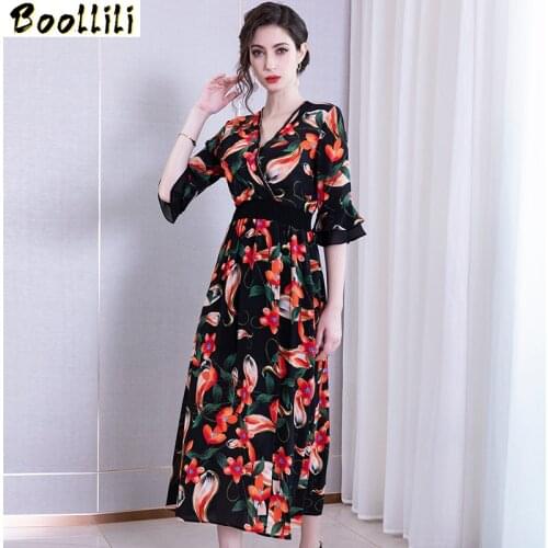 Boollili Real Silk Dress Women Summer Dress Korean Print Floral Midi Beach Dress Elegant Party Dresses Woman Vestidos Mujer