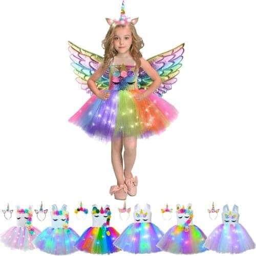 Cute Princess Sling Glowing Unicorn Dresses for Girls Birthday Party Children Performance Evening Tutu Dress Halloween Cosplay