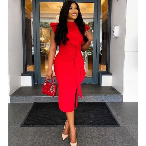 Dresses For Women 2021 Noble Africa Fashion O-neck Slim Sexy Pencil Dress Solid Color Short Sleeve Slit Slim Vestidos Wedding