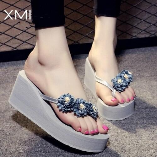 Bohemia Flowers Woman Beach Flip Flops Thick Bottom Summer Slippers Platform Shoes Hit Color Wedges Slippers Flip Flops Women