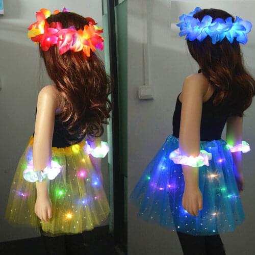 Christmas Girl Kids Neon LED Tutu Skirt Party Dance Wear Layered Tulle Light Up Short Dress for 2-8 Years Flower Wreath Crown