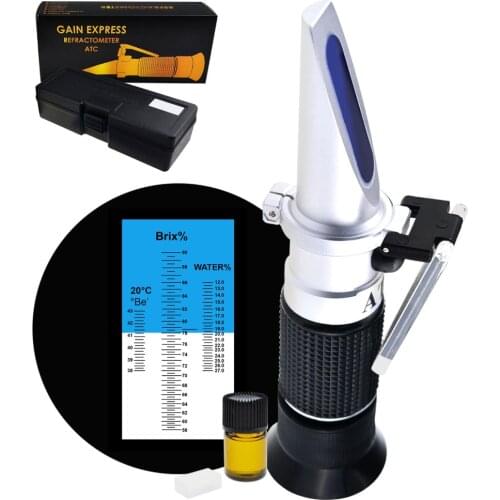 3-in-1 Honey Refractometer 58-90%/12-27%/38-43Be' Brix/Moisture/Baume Tester Meter ATC, Test Kit w/ Calibration Oil & Block