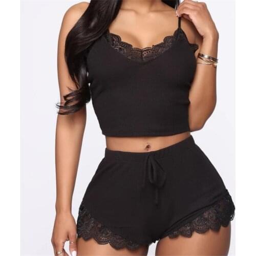 Women Summer Casual Homewear Clothes Pyjamas Lace Trim Sling V Neck Vest Tops and Shorts Sleepwear Night Pajamas Female