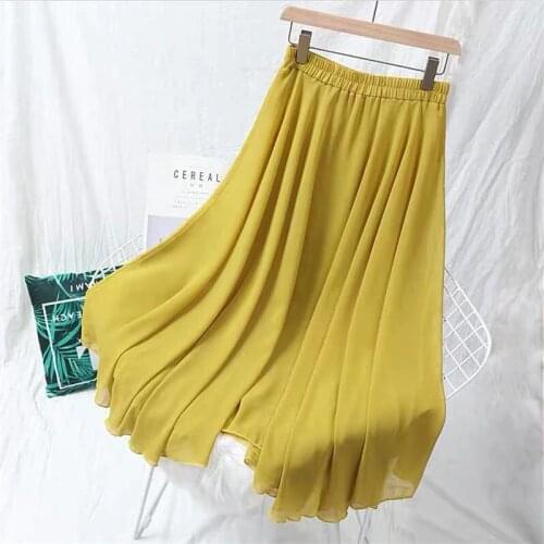 Spring Autumn New Fashion Womens Chiffon Long Skirts Casual Loose High Waist Pleated Skirts Maxi Skirts