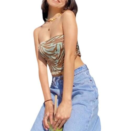 Women Sexy Strapless Crop Tops Unique Stripes Print Sleeveless Asymmetric Tube Tops