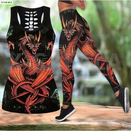 Gothic Dragon Two Piece Yoga Set Women 3D Print Vest Hollow Out Tank Top High Waist Legging Summer Casual Sport