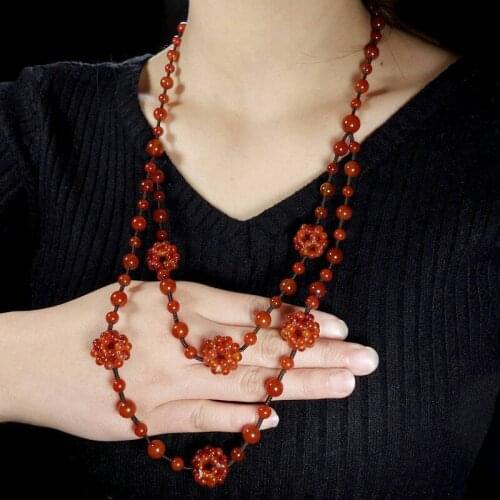 Natural Red Jade Flower Pendant Necklace Women Fashion Charms Jewellery Agate Sweater Chain Necklaces Amulet Gifts For Ladies