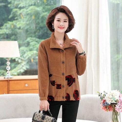Women 2021 Spring Autumn Fashion Printed Corduroy Coats Female Middle-aged Short Outerwear Ladies Long Sleeve Loose Jackets W284