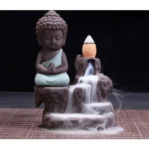 1Pc Burner The Little Monk Small Buddha Censer Ceramic Waterfall Backflow Incense Burner Holder Home Decor Buddhist Supplies