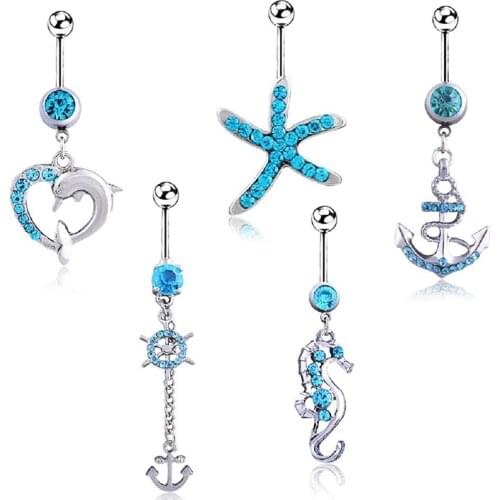 5PCS Fashion Surgical Steel Piercing Navel Anchor Dolphin Belly Button Rings Sexy Body Jewelry for Women Crystal Navel Piercing