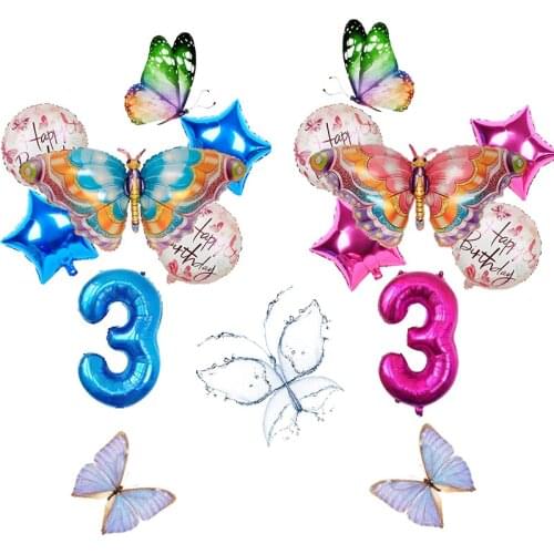 6pcs Pink Blue Butterfly Foil Balloons Birthday Party Decorations 32inch Number Helium Balls Baby Shower Insect Air Globos