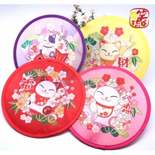 Free shipping (4pcs/lot) Nylon Portable Folding Cat Fan Round Fan cool summer hand fan/Flying disk creative party gift