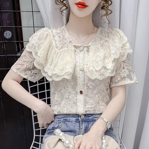 Ruffle Lace Floral Blusas Summer 2021 V collar Short sleeve Blouses shirt New Loose Vintage Ladies top KoreanVintage 938A