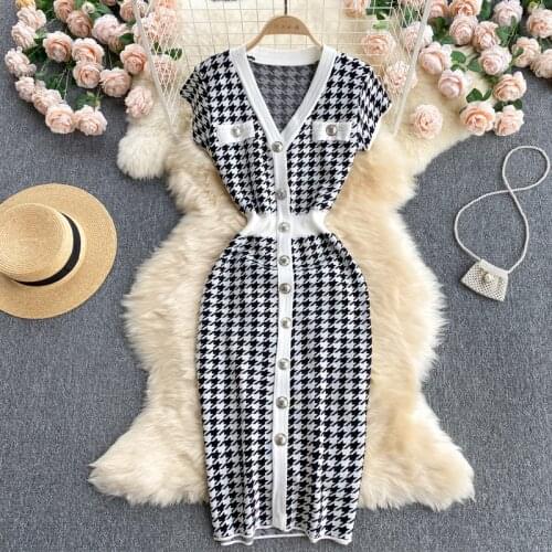 Croysier Dresses For Women 2021 Elegant Office Button Bodycon Midi Dress Summer Short Sleeve V Neck Houndstooth Knitted Dress