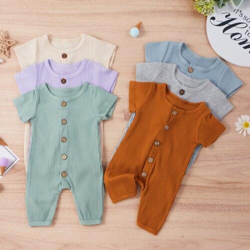 FOCUSNORM 6 Colors Newborn Baby Girls Boys Rompers Short Sleeve Solid Single Breasted Jumpsuits 0-18M