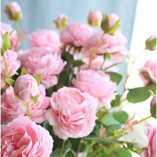 Silk Artificial Fake Western Rose 3 Heads Flower Peony Bridal Bouquet Wedding Classic European Style High Realistic Appearance