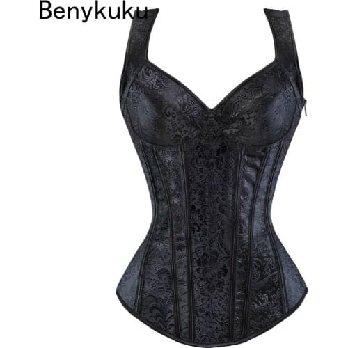Steampunk Corset with Cup Lingerie Sexy Straps Lace Up Zipper Side Gothic Overbust Tops Waist Trainer Bustier Plus Size S-6XL