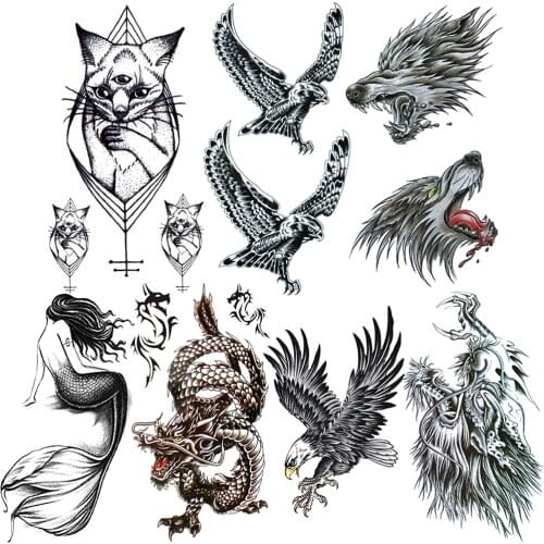 Creative Animal Temporary Tattoo For Men Women Geometric Eagle Cat Fake Tattoos Black Mermaid Dragon Water Transfer Tatoo Waist