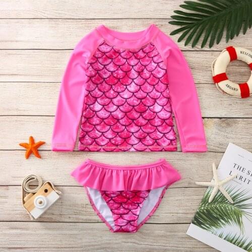 Summer Toddler Baby Girls Swimwear Mermaid Long Sleeve Two-piece Bikini Beach Skirt Swimsuit Bathing Suit Swimming Beachwear