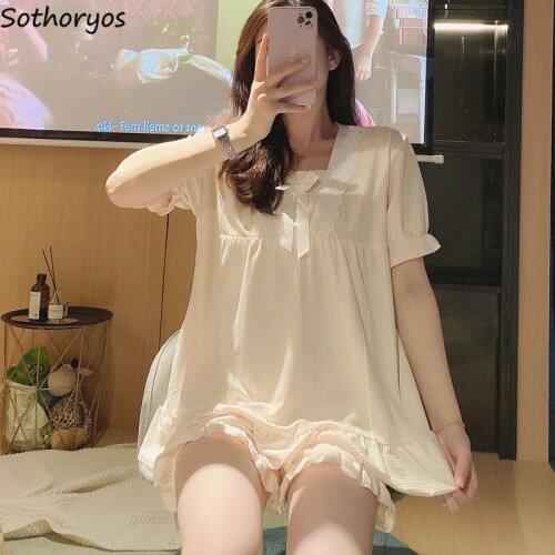 Sweet Pajama Sets Women Bow Lace Square Collar Princess Style Japanese Stylish Teens Summer Sleepwear Loose Leisure Soft Retro