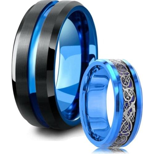 Fashion 8MM Beveled Edge Mens Blue Groove Tungsten Carbide Ring Viking Celtic Dragon Blue Carbon Fibre Ring Mens Wedding Band