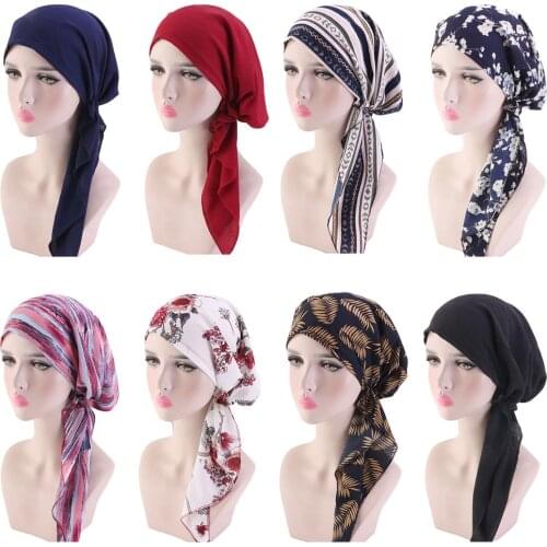 Muslim Women Head Scarf Hijab Chemo Cap Turban Pre-Tied Headwear Bandana Cancer Hair Loss Headscarf Head Wrap Stretch Hat Hijabs