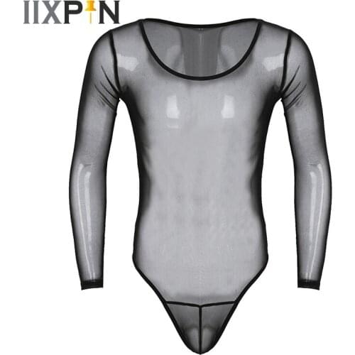 Mens Erotic See Through Mesh Lingerie Bodysuit Sexy Long Sleeve High Cut Thong Bodysuit Jumpsuit Men Sexy Sleepwear Nightwear
