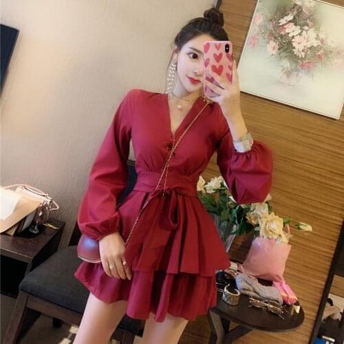 Spring 2021 new womens long-sleeved French sweet dress solid color ruffles short mini bandage dresses