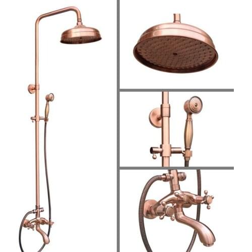 Luxury Antique Red Copper Wall Mounted Bathroom 8" inch Round Rain Shower Faucet Set Dual Cross Handle Tub Mixer Tap arg506