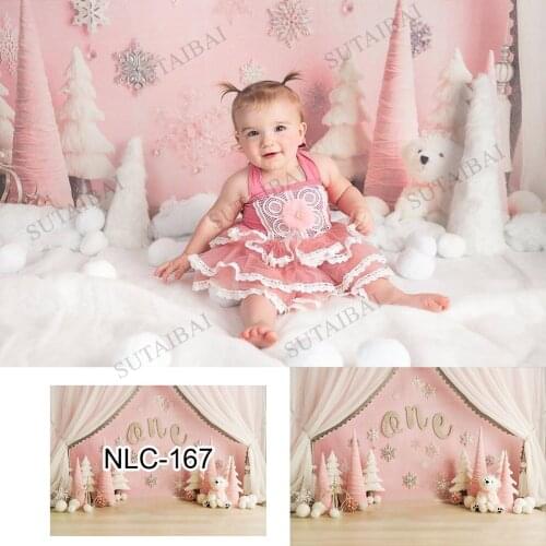 Pink Girl Merry Snow Christmas Tree Gift Indoor Baby Child Portrait Photo Backgrounds Photography Backdrop for A Photo Studio