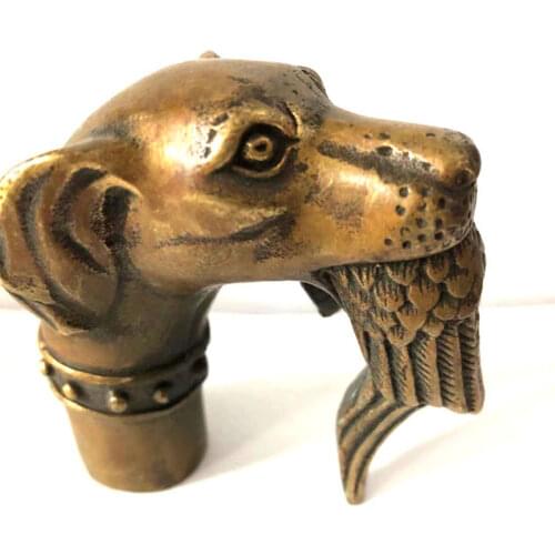 BRASS Pure Copper Old Qing Ming Chinese Old BRASS Hand Carved Dog Bitten Birds Statue Cane Walking Stick Head